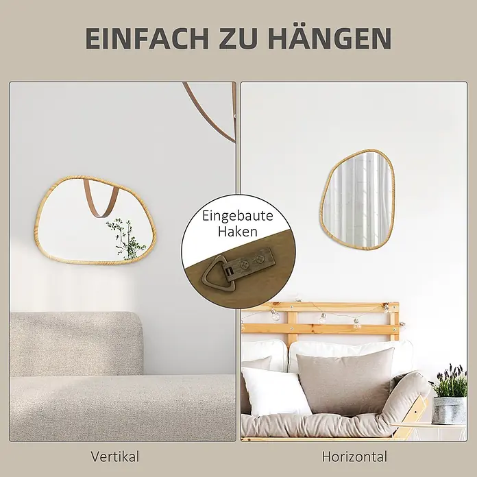 Homcom Wandspiegel - 2 x 50 cm, Naturholz - Unregelmäßiger Holzrahmen-Spiegel vertikal und horizontal gezeigt, mit integrierten Haken zur einfachen Montage.
