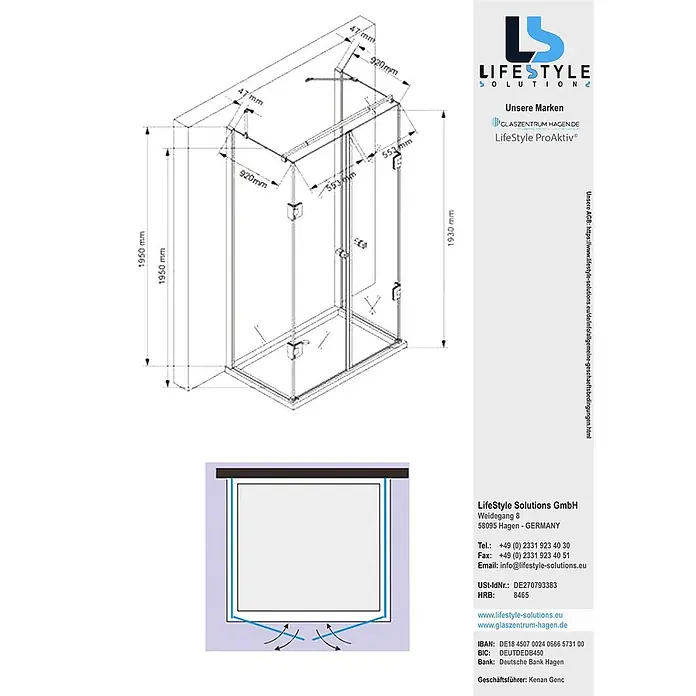 Glaszentrum Hagen U-Duschkabine 100x120x100x195 cm Ares U-Duschkabine GOLD - Imprägniert, Farblos - Detaillierte Skizze einer Glasduschkabine mit Chrombeschlägen und Maßen.