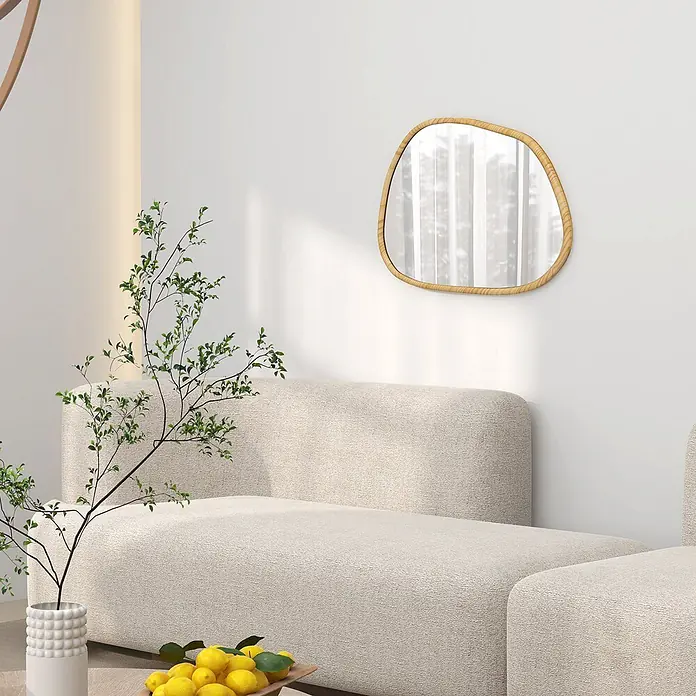 Homcom Wandspiegel - 2 x 50 cm, Naturholz - Helles beiges Modulsofa mit strukturierter Polsterung in einem modernen Wohnzimmer.
