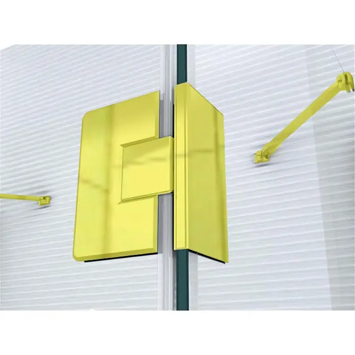 Glaszentrum Hagen U-Duschkabine 75x120x75x195 cm Ares U-Duschkabine GOLD - Imprägniert, Farblos - Goldenes Scharnier verbindet zwei weiße Paneele, mit zusätzlichen gelben Stützen.