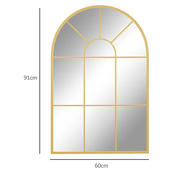 Homcom Wandspiegel - 2 x 91 cm, Gold - Goldgerahmter Bogenfensterspiegel mit Gitterdesign, 91x60cm.