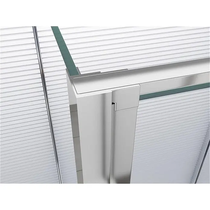 Glaszentrum Hagen Eckdusche 90x75x195 cm Athene Duschkabine - 75 x 90 x 195 cm, Imprägniert, Farblos, Stärke: 8 mm - Eckprofil einer silbernen Duschkabine mit integriertem Glas und weißen Plissees.