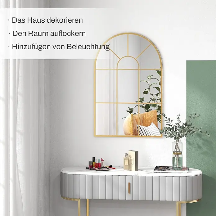 Homcom Wandspiegel - 2 x 91 cm, Gold - Eleganter goldgerahmter Bogen-Spiegel über einem weiß-grauen Konsolentisch, dekoriert mit Kosmetika und Deko, der einen modernen Raum verschönert.