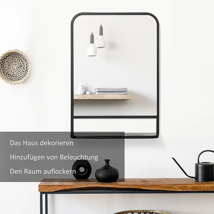 Homcom Wandspiegel - 10,2 x 70 cm, Schwarz - Schwarzer Metallspiegel mit integriertem Holzregal und zwei weißen Pendelleuchten, zur Wohnraumgestaltung.
