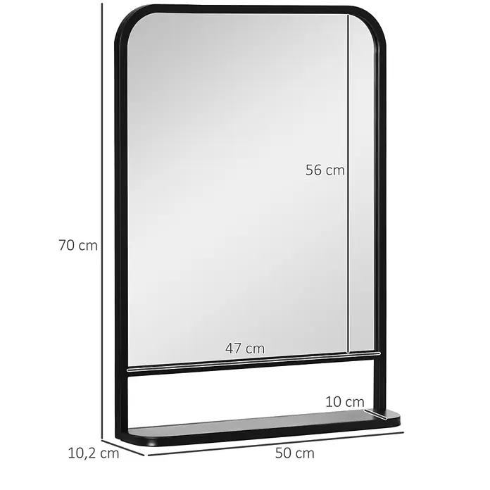 Homcom Wandspiegel - 10,2 x 70 cm, Schwarz - Schwarz gerahmter Spiegel mit abgerundeten oberen Ecken und integrierter unterer Ablage.