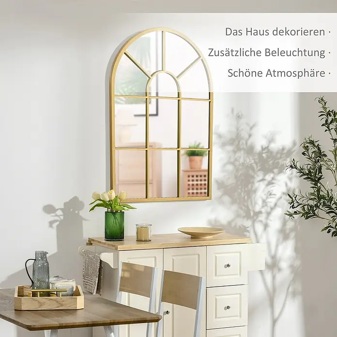 Homcom Wandspiegel - Gold - Dekorativer goldgerahmter Bogenspiegel mit Fenstergitter, der Licht und Ambiente im Zuhause verbessert.
