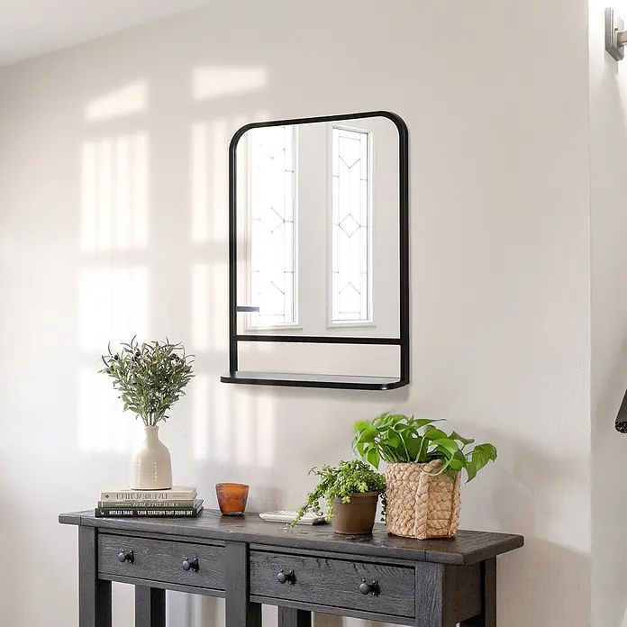 Homcom Wandspiegel - 10,2 x 70 cm, Schwarz - Schwarzer Spiegel mit integriertem Regal, reflektiert einen Eingangsbereich, ideal für Schlüssel und Deko.
