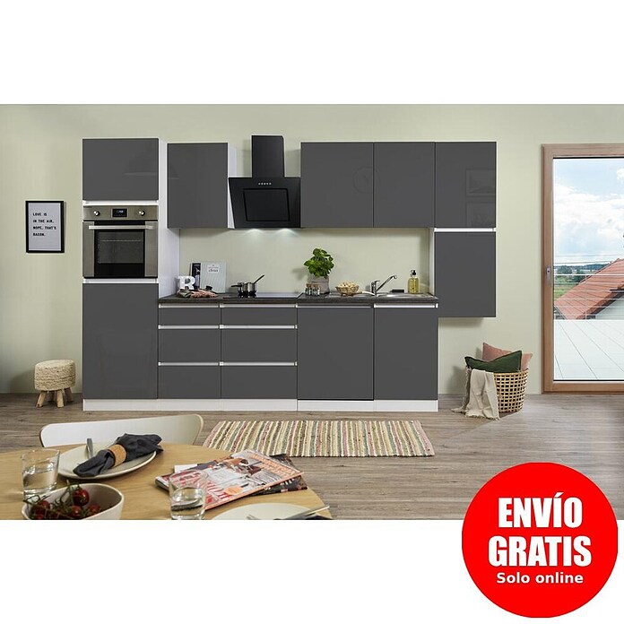 Respekta Premium Composición de cocina (Ancho: 330 cm, Con dispositivos eléctricos, Gris de alto brillo)