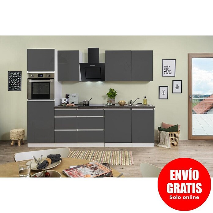 Respekta Premium Composición de cocina (Ancho: 280 cm, Con dispositivos eléctricos, Gris de alto brillo)