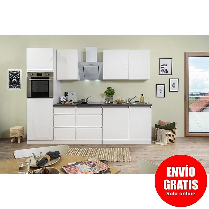 Respekta Premium Composición de cocina (Ancho: 280 cm, Con dispositivos eléctricos, Blanco de alto brillo)