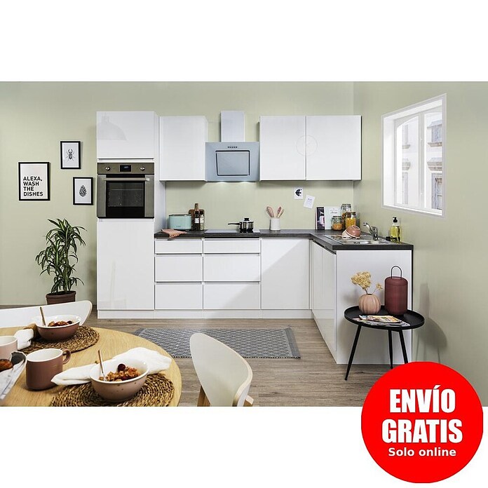 Respekta Premium Cocina esquinera (280 x 172 cm, Con dispositivos eléctricos, Blanco de alto brillo)