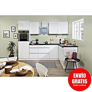 Respekta Premium Cocina esquinera Lorena (Ancho: 280 cm, Blanco, Brillo intenso, Efecto piedra, Con electrodomésticos)