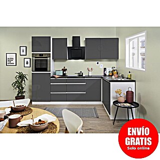 Respekta Premium Cocina esquinera Lorena (Ancho: 280 cm, Gris, Brillo intenso, Efecto piedra, Con electrodomésticos)