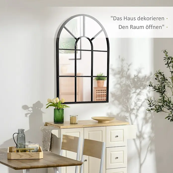 Homcom Wandspiegel - 2 x 91 cm, Schwarz - Großes schwarzes Bogenfensterspiegel mit Gitterrahmen an weißer Wand über einem Schrank, zur Raumgestaltung.