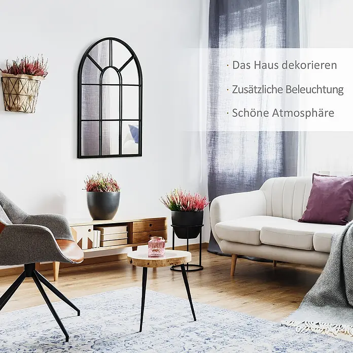 Homcom Wandspiegel - 3 x 70 cm, Schwarz - Ein stilvolles Wohnzimmer mit weißem Sofa, grauem Sessel, Pflanzen, Bogenspiegel und Teppich für eine schöne Atmosphäre.