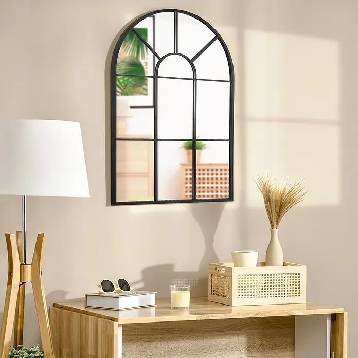Homcom Wandspiegel - 2 x 91 cm, Schwarz - Gewölbter Spiegel mit schwarzem Metallrahmen und Fenstersprossendesign, der einen hellen Raum widerspiegelt.