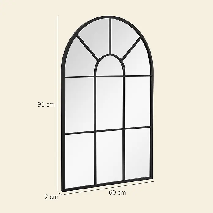 Homcom Wandspiegel - 2 x 91 cm, Schwarz - Schwarzer gewölbter Wandspiegel aus Metall im Fenstergitter-Design, 91x60x2 cm.