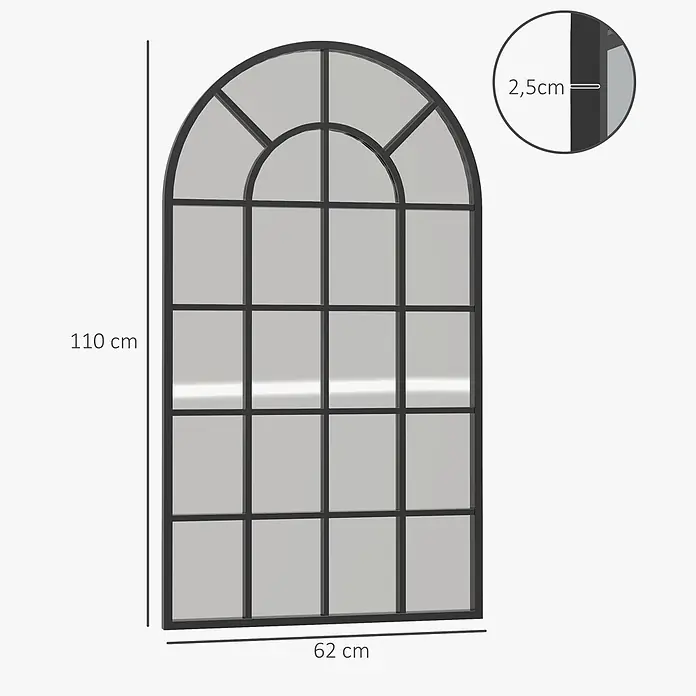 Homcom Wandspiegel - 2,5 x 110 cm, Schwarz - Gewölbter Fensterspiegel mit schwarzem Metallrahmen, 110 cm H x 62 cm B x 2,5 cm T.