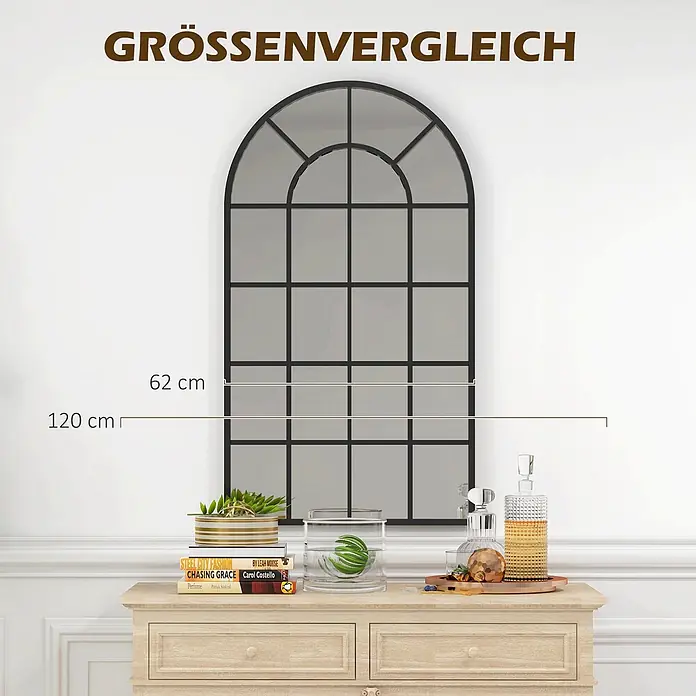 Homcom Wandspiegel - 2,5 x 110 cm, Schwarz - Gewölbter Spiegel mit schwarzem Rahmen und mehreren Scheiben in einem Raum, zeigt 120 cm Höhe und 62 cm Breite.