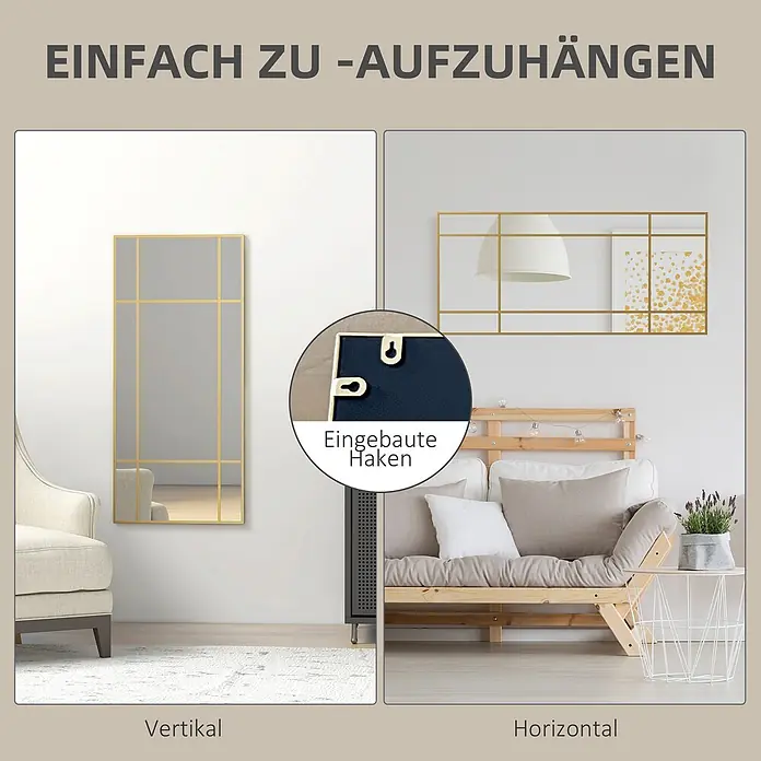 Homcom Wandspiegel - 2 x 110 cm - Goldgerahmter Spiegel mit Gitterdesign, vertikal und horizontal hängend gezeigt. Verfügt über integrierte Haken zur einfachen Montage.