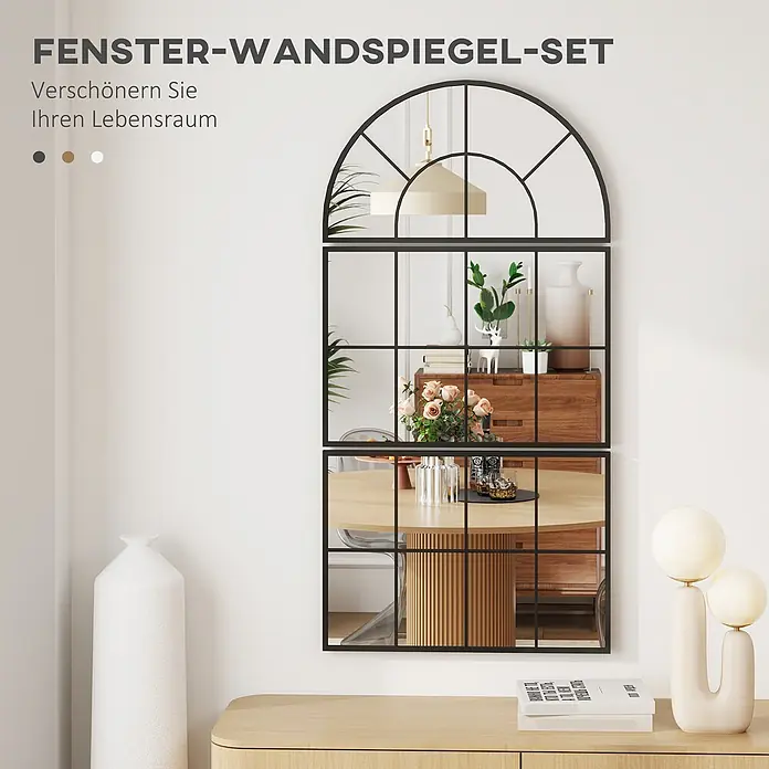 Homcom Wandspiegel - 2 x 149 cm - Großes, schwarzes Fenster-Wandspiegel-Set mit Bogenform an der Wand, das einen modernen Wohnraum widerspiegelt.