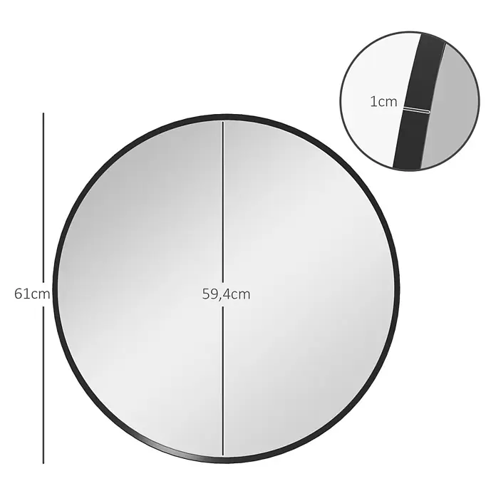 Homcom Wandspiegel - 1 x 61 cm, Durchmesser: 61 cm, Schwarz - Runder Spiegel mit schwarzem 1cm Rahmen, 61cm Außendurchmesser, 59,4cm Spiegelfläche.