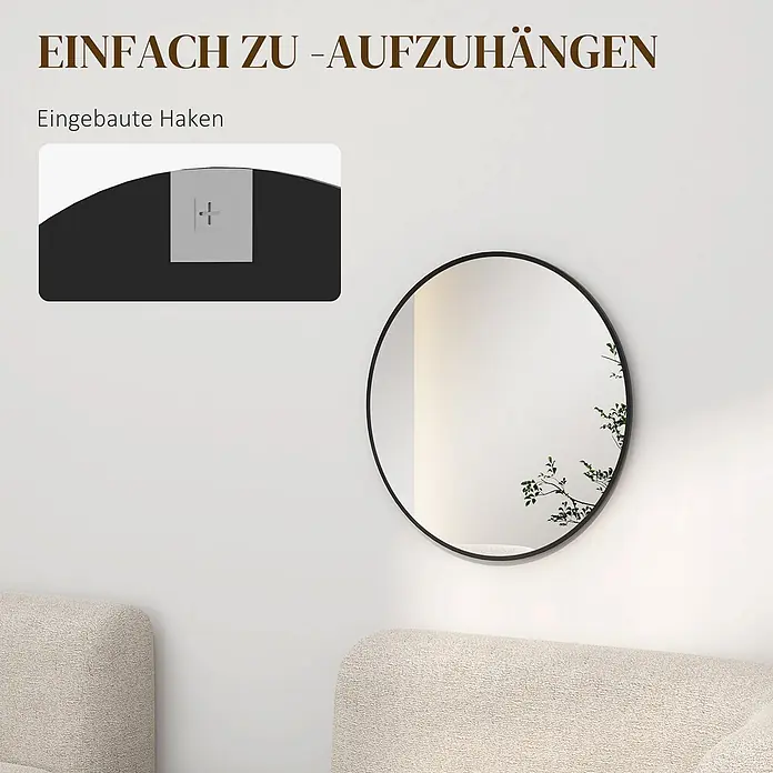 Homcom Wandspiegel - 1 x 61 cm, Durchmesser: 61 cm, Schwarz - Runder Spiegel mit schwarzem Rahmen und integriertem Haken zur einfachen Montage, über einem Sofa.
