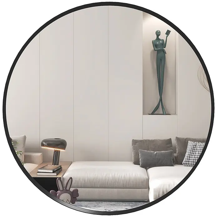 Homcom Wandspiegel - 1 x 61 cm, Durchmesser: 61 cm, Schwarz - Runder Spiegel mit schwarzem Rahmen, der ein modernes Wohnzimmer mit Sofa und Deko reflektiert.