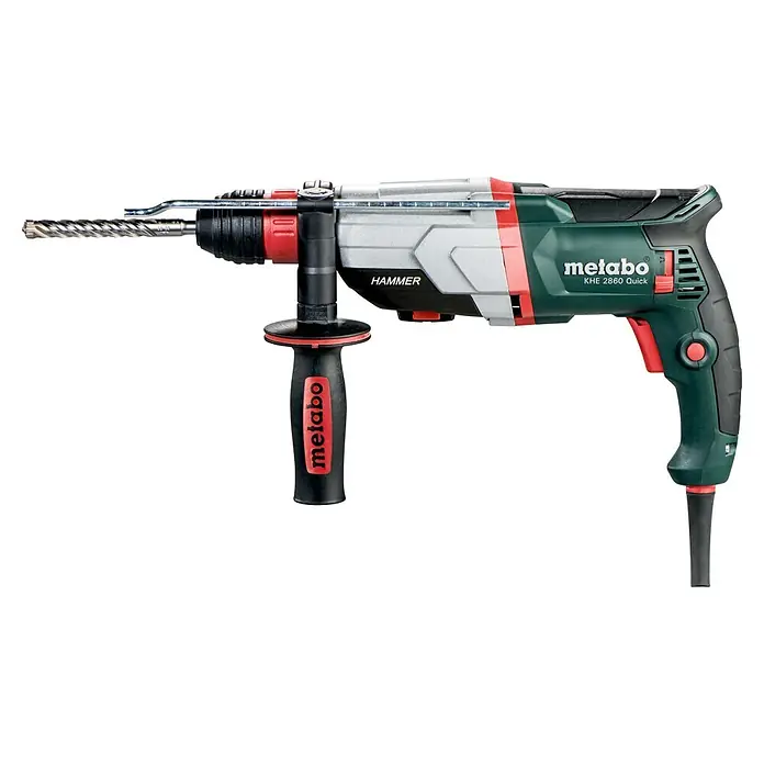 Metabo Kombihammer KHE 2860 - 880 W, 3,2 J, SDS-Plus-Aufnahme - Grüner und grauer Metabo KHE 2860 Quick Bohrhammer mit roten Akzenten, schwarzem Zusatzhandgriff und Bohrer.