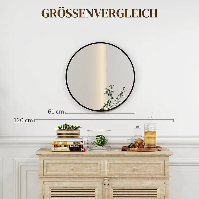Homcom Wandspiegel - 1 x 61 cm, Durchmesser: 61 cm, Schwarz - Runder Spiegel mit schwarzem Rahmen (61 cm Durchmesser), über 120 cm hohem Holzschrank zur Größenvergleich gezeigt.
