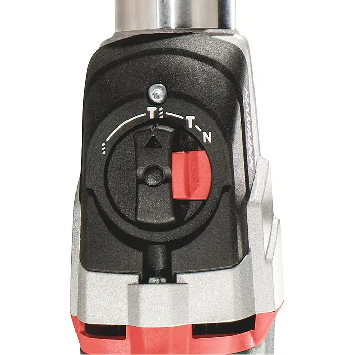 Metabo Kombihammer KHE 2860 - 880 W, 3,2 J, SDS-Plus-Aufnahme - Nahaufnahme des Bedienfelds eines Werkzeugs: schwarzes Drehrad mit T/N-Einstellungen, roter Modus-Knopf und silbernes Gehäuse.