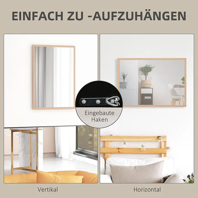 Homcom Wandspiegel - 2 x 70 cm, Naturholz - Spiegel mit Holzrahmen, vertikal und horizontal in Wohnräumen hängbar, mit integrierten Haken zur einfachen Montage.