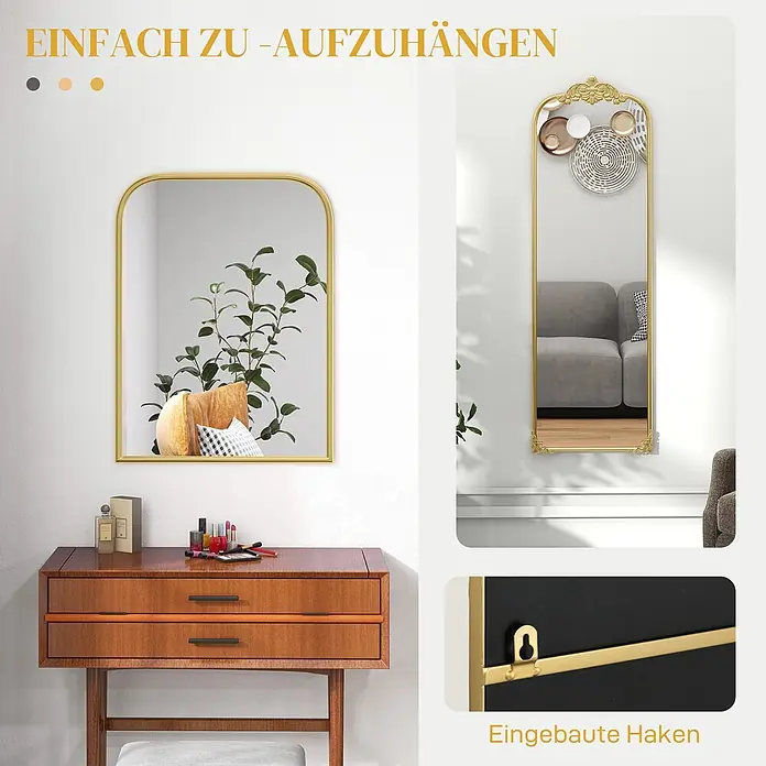 Homcom Wandspiegel - Gold - Goldgerahmte Bogen- und Ganzkörperspiegel im Raum, mit integrierten Haken zum einfachen Aufhängen.