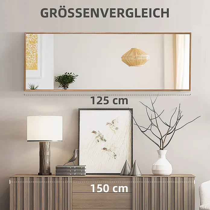 Homcom Wandspiegel - 5 x 125 cm - Rechteckiger Spiegel mit Holzrahmen, in einem Raum gezeigt, wobei seine 125 cm Breite zum Größenvergleich hervorgehoben ist.