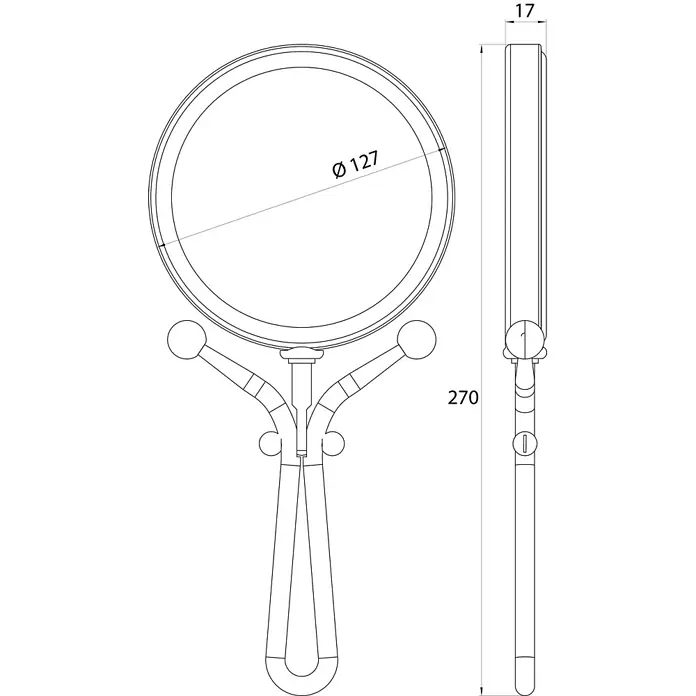 Calmwaters Kosmetikspiegel - Durchmesser: 12,7 cm, Rund, Chrom, Vergrößerung 1: 500 % - Technische Zeichnung eines Handspiegels mit 127mm Durchmesser und 270mm Gesamtlänge, mit faltbarem Griff.