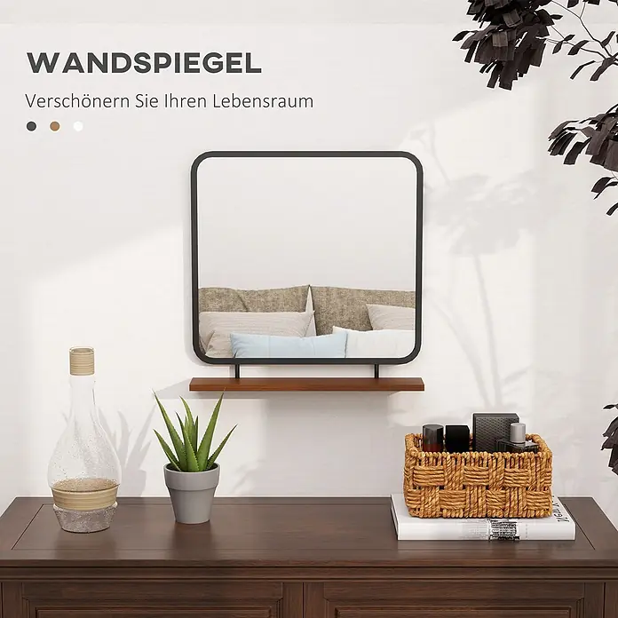 Homcom Wandspiegel - 10 x 55,5 cm - Schwarz gerahmter Wandspiegel mit braunem Holzregal, der ein Bett in einem Raum reflektiert.