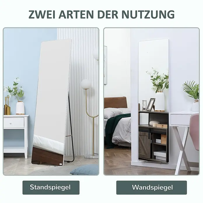 Homcom Kosmetikspiegel Schminkspiegel - Silber - Ganzkörperspiegel, freistehend und wandmontiert für flexible Nutzung dargestellt.