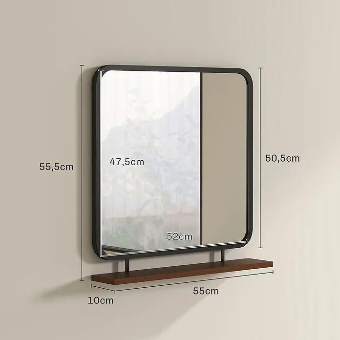 Homcom Wandspiegel - 10 x 55,5 cm - Rechteckiger Spiegel mit schwarzem, abgerundetem Rahmen und dunklem Holzregal darunter.