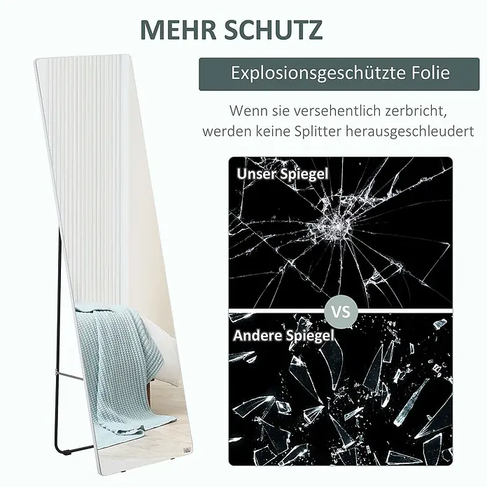 Homcom Kosmetikspiegel Schminkspiegel - Silber - Weißer Ganzkörperspiegel mit Standfuß, der einen Raum reflektiert, daneben Infografik zur splitterfreien Sicherheitsfolie.