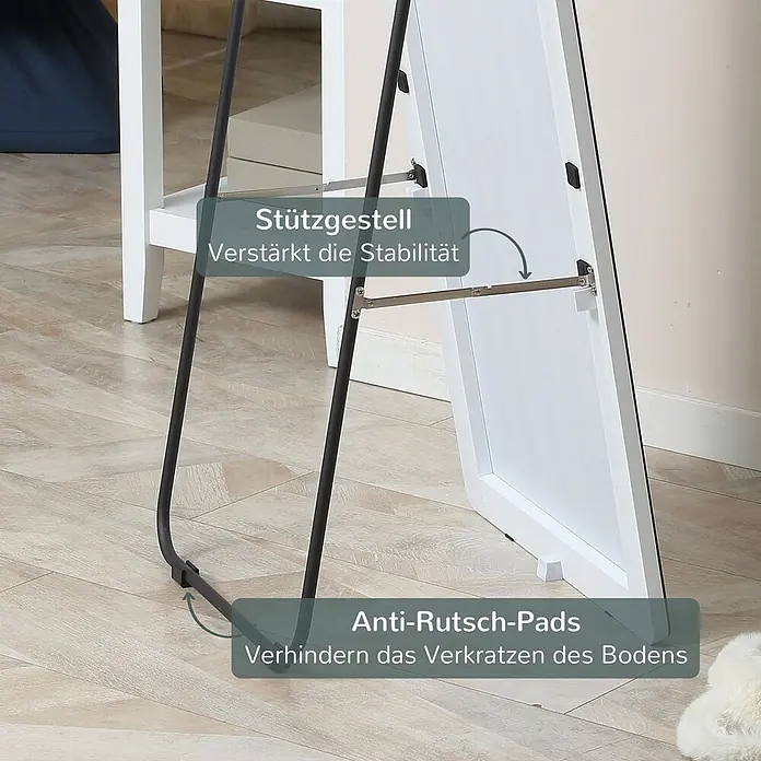 Homcom Kosmetikspiegel Schminkspiegel - Silber - Freistehender Spiegel: weißer Rahmen, schwarzes Stützgestell für Stabilität. Anti-Rutsch-Pads verhindern Bodenkratzer.