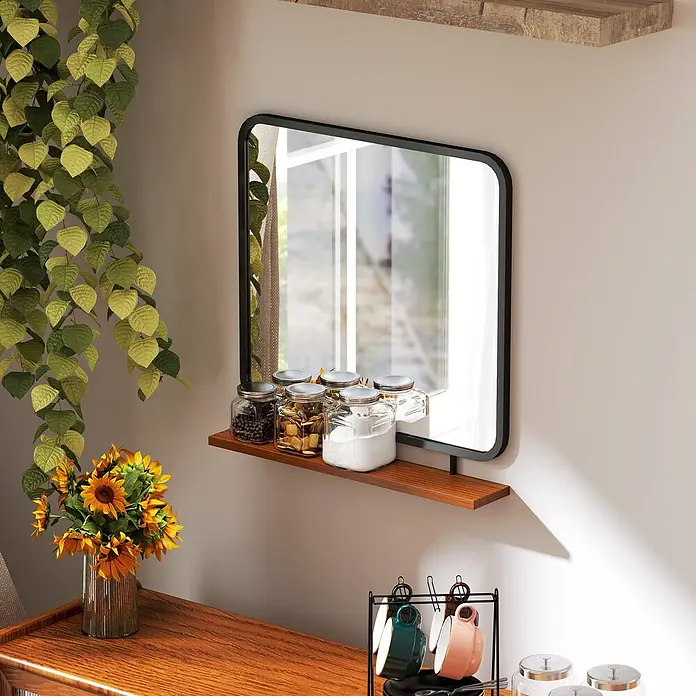 Homcom Wandspiegel - 10 x 55,5 cm - Schwarz gerahmter Spiegel mit abgerundeten Ecken und integriertem Holzregal, das Gläser mit Lebensmitteln trägt. Der Spiegel reflektiert ein Fenster.
