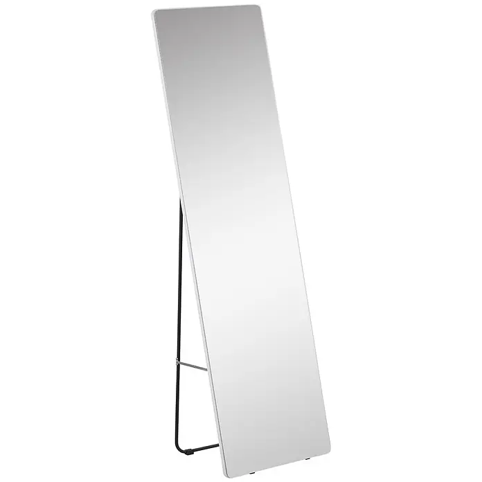 Homcom Kosmetikspiegel Schminkspiegel - Silber - Hoher rechteckiger Standspiegel mit weißem Rahmen und schwarzem Metall-A-Ständer.