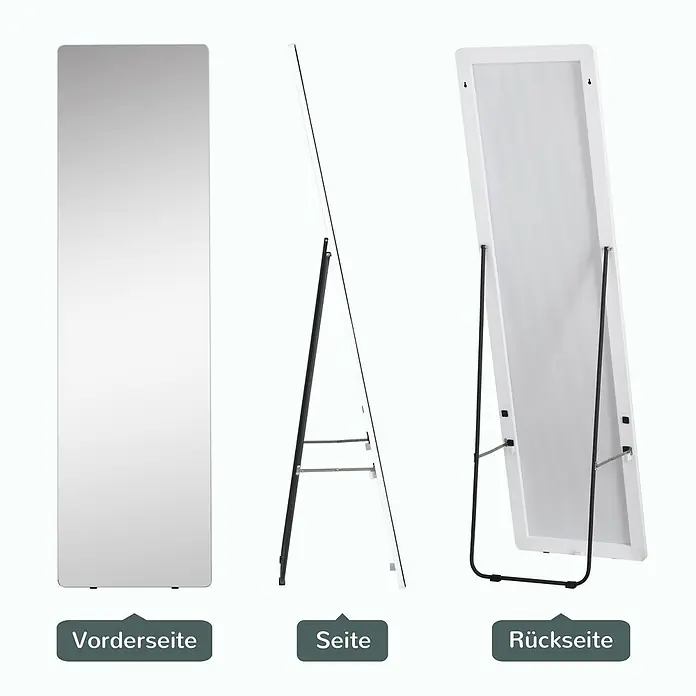 Homcom Kosmetikspiegel Schminkspiegel - Silber - Weißer Ganzkörperspiegel mit schwarzem Standfuß, in drei Ansichten gezeigt.