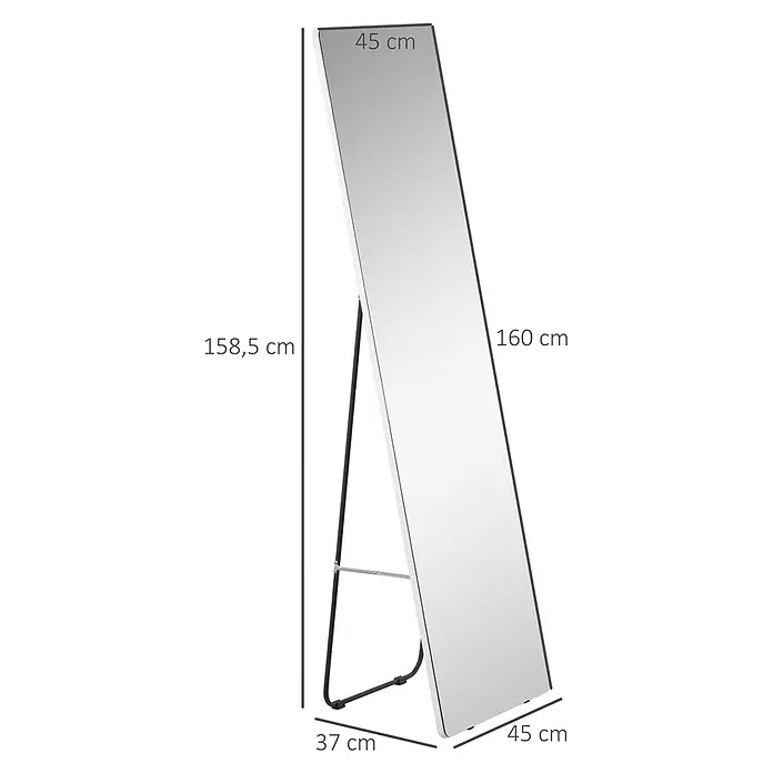 Homcom Kosmetikspiegel Schminkspiegel - Silber - Weiß gerahmter Ganzkörperspiegel mit schwarzem Standfuß. H: 160 cm, B: 45 cm, T: 37 cm.