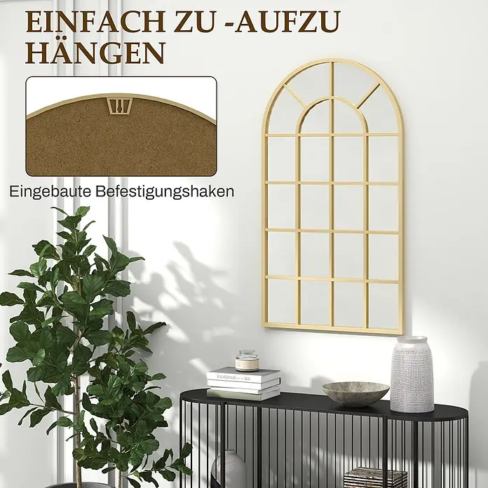 Homcom Wandspiegel - 2,5 x 110 cm, Gold - Goldener Bogenfensterspiegel mit eingebauten Aufhängehaken, die das einfache Anbringen zeigen.