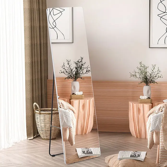 Homcom Kosmetikspiegel Schminkspiegel - Silber - Weißgerahmter Ganzkörperspiegel mit schwarzem Ständer, im Schlafzimmer. Bietet eine Ganzkörperansicht.