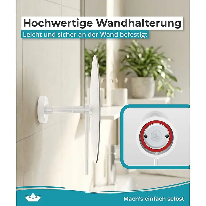 Calmwaters Kosmetikspiegel - Durchmesser: 20 cm, Rund, Weiß, Vergrößerung 1: 300 % - Weißer Wandspiegel im Badezimmer, mit rot umrandeter Saugnapfhalterung für einfache, sichere Befestigung.