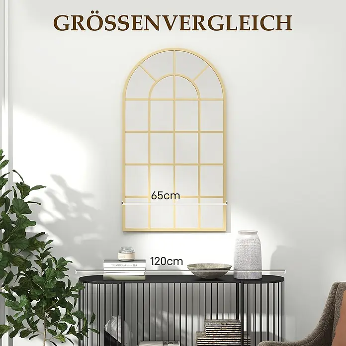 Homcom Wandspiegel - 2,5 x 110 cm, Gold - Goldgerahmter Rundbogen-Spiegel mit Gitter, 65cm breit, über einem 120cm schwarzen Konsolentisch.