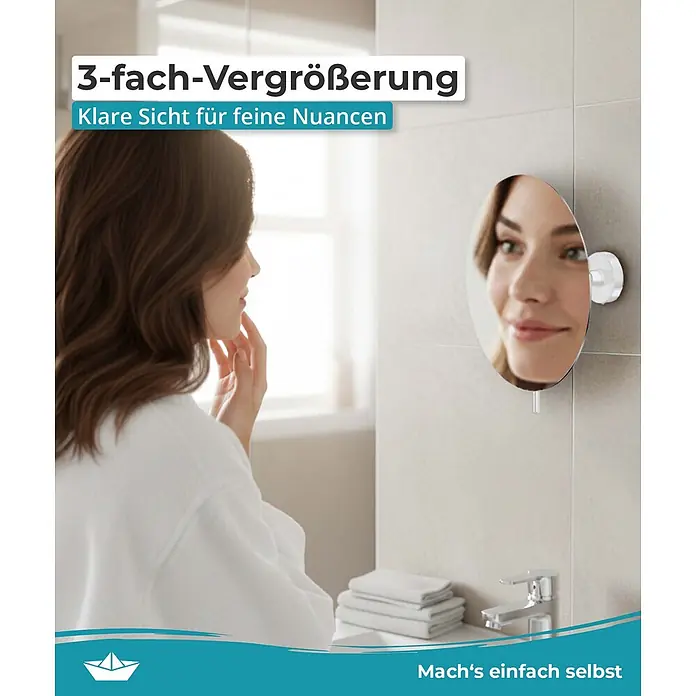 Calmwaters Kosmetikspiegel - Durchmesser: 20 cm, Rund, Weiß, Vergrößerung 1: 300 % - Frau benutzt runden 3x Vergrößerungsspiegel an Badezimmerwand für detaillierte Pflege.