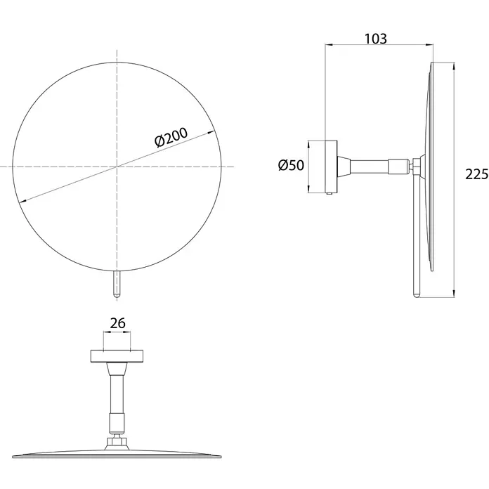 Calmwaters Kosmetikspiegel - Durchmesser: 20 cm, Rund, Weiß, Vergrößerung 1: 300 % - Technische Zeichnung eines runden Wand-Duschkopfs, mit Draufsicht und Seitenansicht samt Maßen.